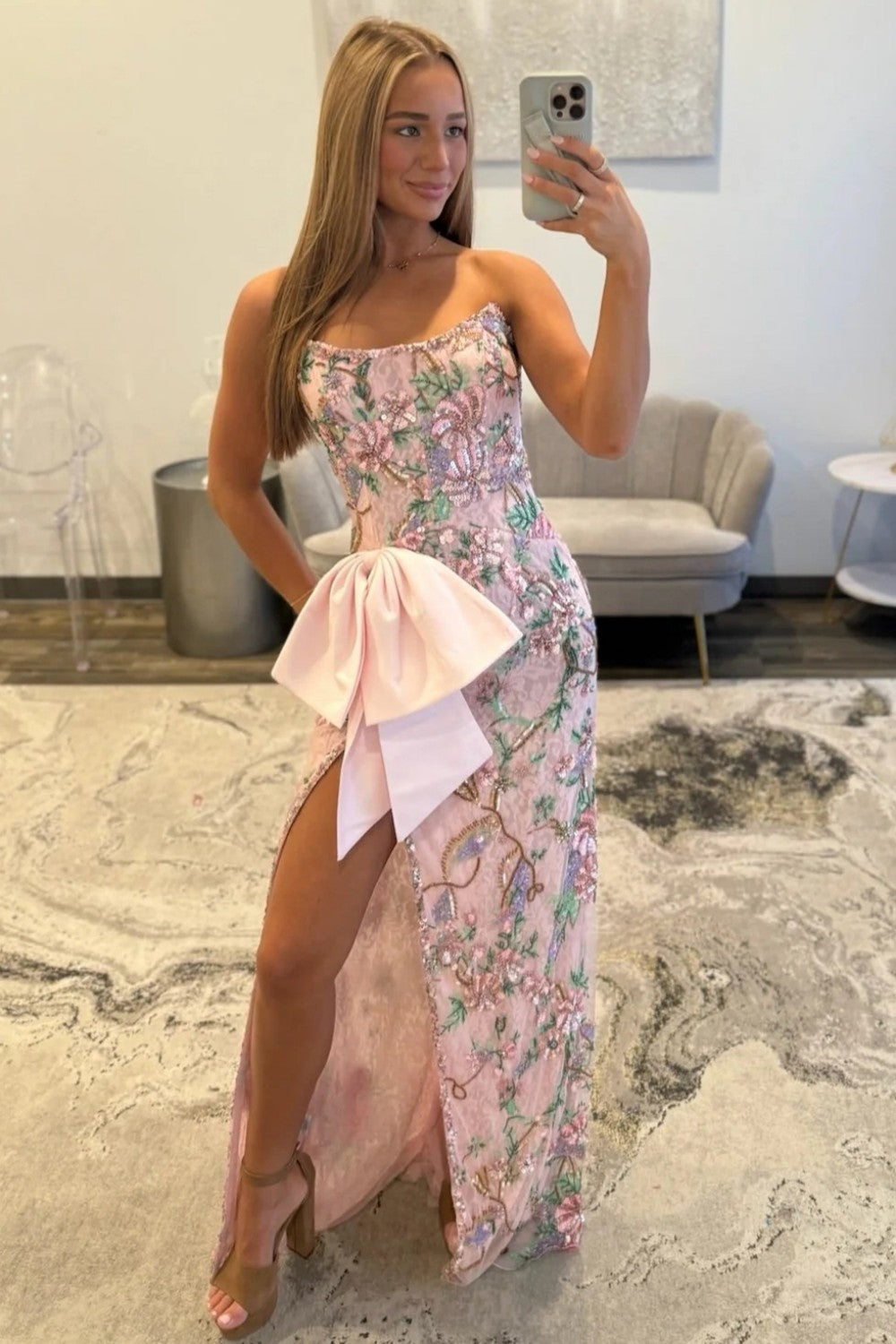 Pink Floral Embroidered Strapless Corset Prom Dress with Bow Detail and High Slit