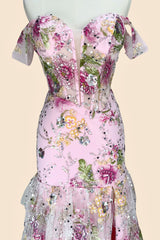 Pink Floral Off Shoulder Corset Mermaid Prom Dress with Slit and Lace Up Back