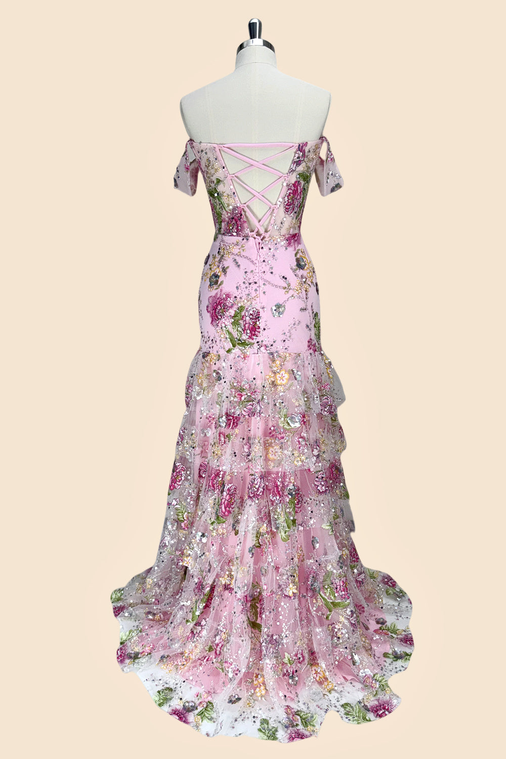 pink mermaid corset floral prom dress with slit Zapaka Women Pink Corset Floral Mermaid Prom Dress with Slit Long Satin Formal Dress with Lace Up Back, Pink / US8
