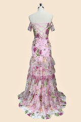 Pink Floral Off Shoulder Corset Mermaid Prom Dress with Slit and Lace Up Back