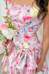 Pink Floral Printed Strapless Corset Mini Homecoming Dress with Bow