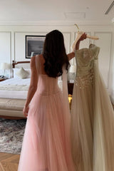 Pink Floral Spaghetti Straps Tulle Ball Gown Prom Dress with Corset Bodice