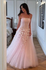 Pink Floral Spaghetti Straps Tulle Ball Gown Prom Dress with Corset Bodice