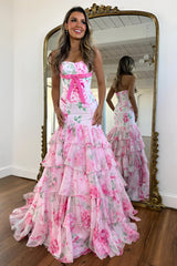 Pink Floral Strapless Mermaid Prom Dress with Bow Waist and Layered Ruffle Skirt