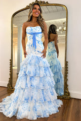 Pink Floral Strapless Mermaid Prom Dress with Bow Waist and Layered Ruffle Skirt