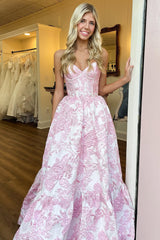 Light Blue Lovely Sweetheart Zipper Back A-Line Long Print Prom Party Dress