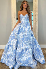 Light Blue Lovely Sweetheart Zipper Back A-Line Long Print Prom Party Dress