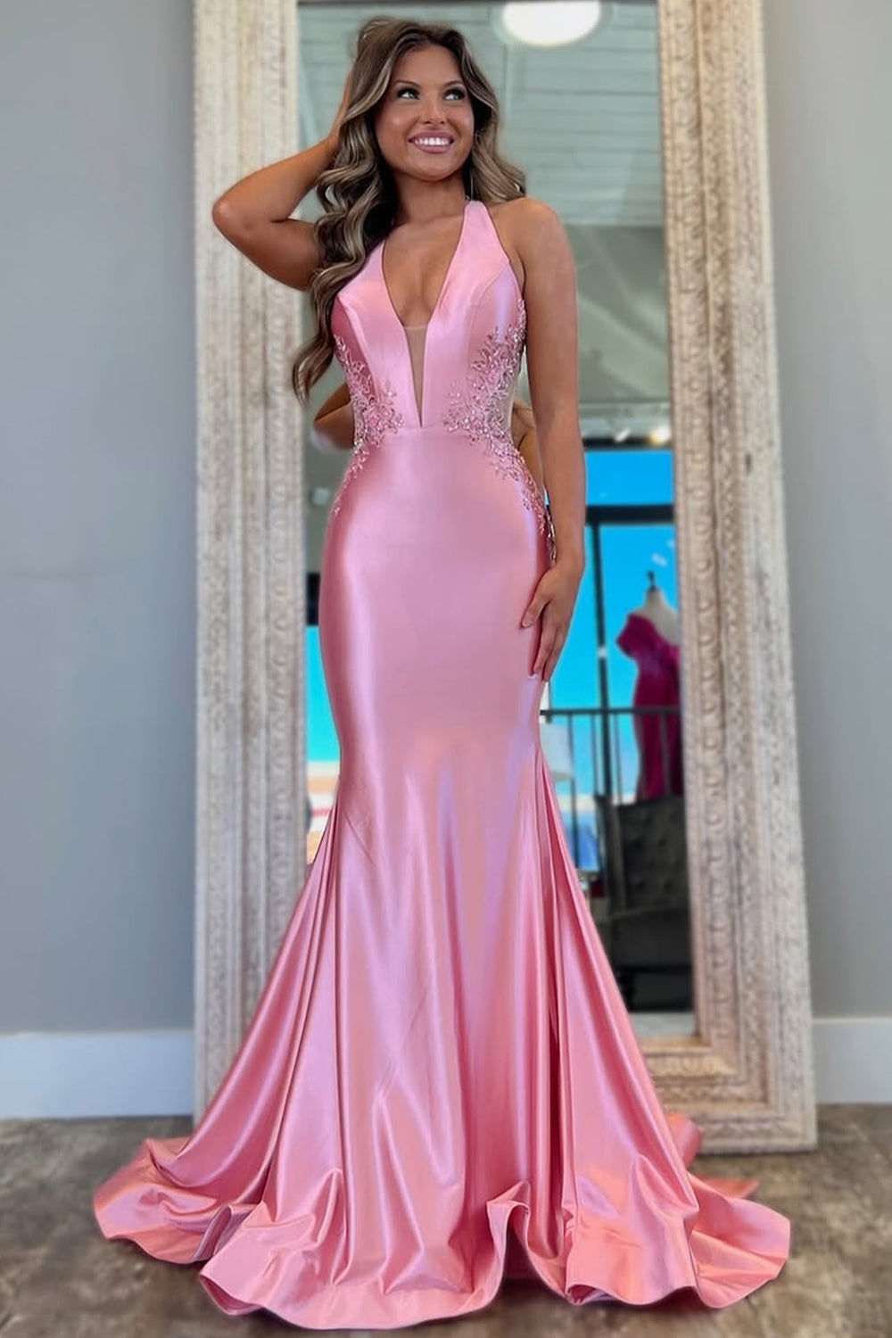 Furlla Women Pink Mermaid Prom Dress with Deep V-Neck Backless Long Satin and Appliques Furlla Official Furlla Women Pink Mermaid Prom Dress with Deep V-Neck Backless Long Satin and Appliques Furlla Official