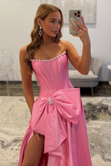 Pink Satin Corset Prom Dress with Neckline Pearl Trim & Oversized Bow