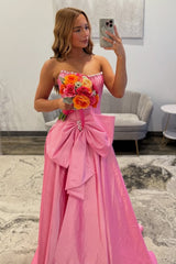 Pink Satin Corset Prom Dress with Neckline Pearl Trim & Oversized Bow
