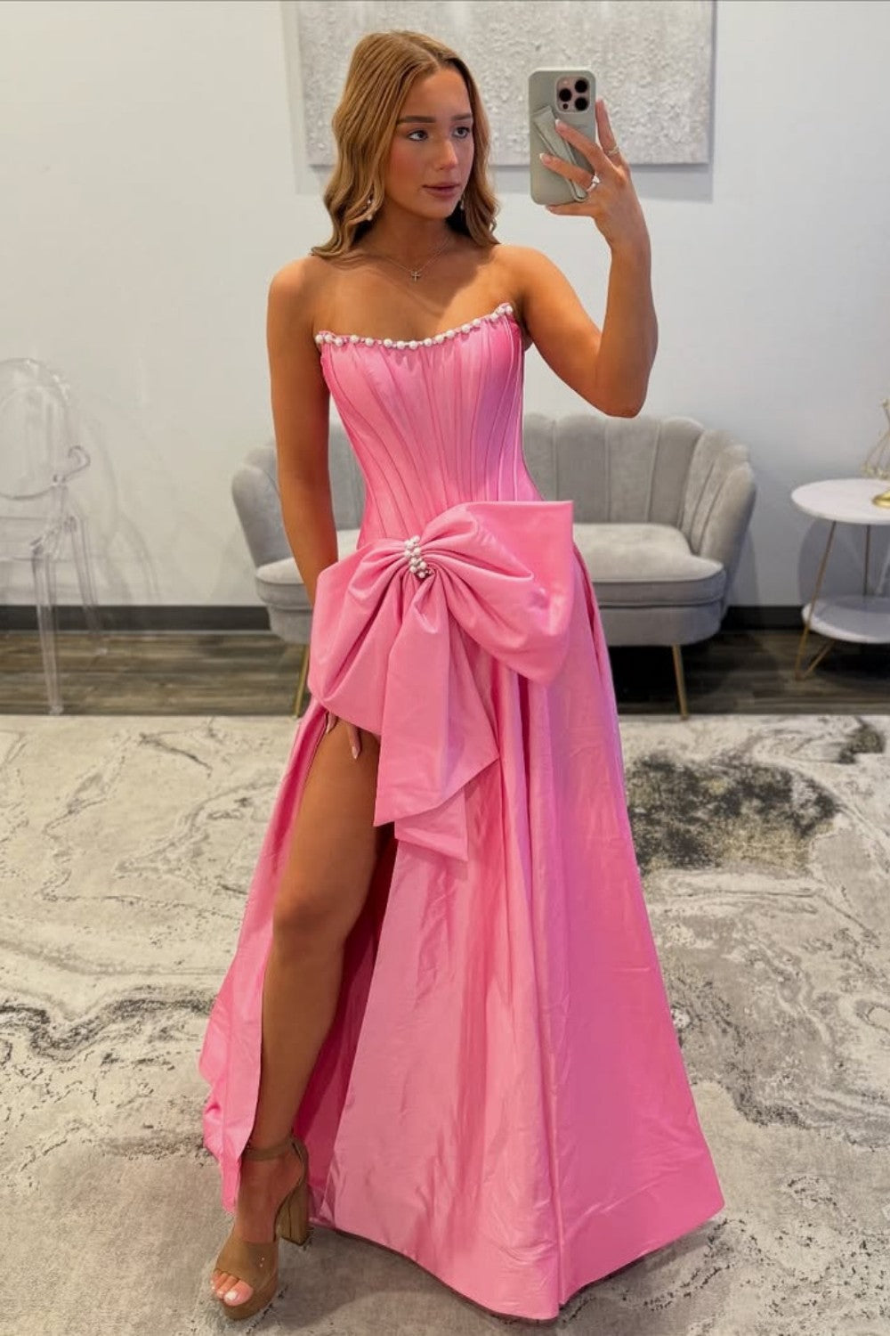 Pink Satin Corset Prom Dress with Neckline Pearl Trim & Oversized Bow