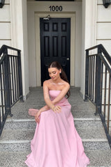 Light Pink Satin Strapless Floor Length Prom Dress
