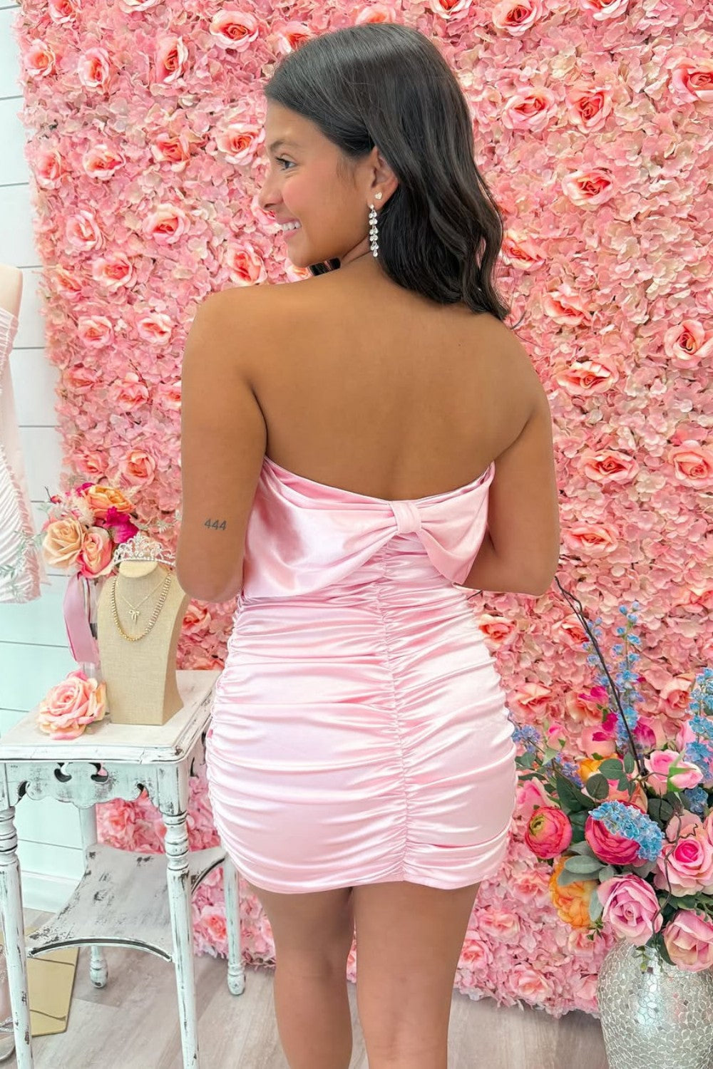 Pink Satin Strapless Mini Homecoming Dress with Bow Back and Ruched Skirt