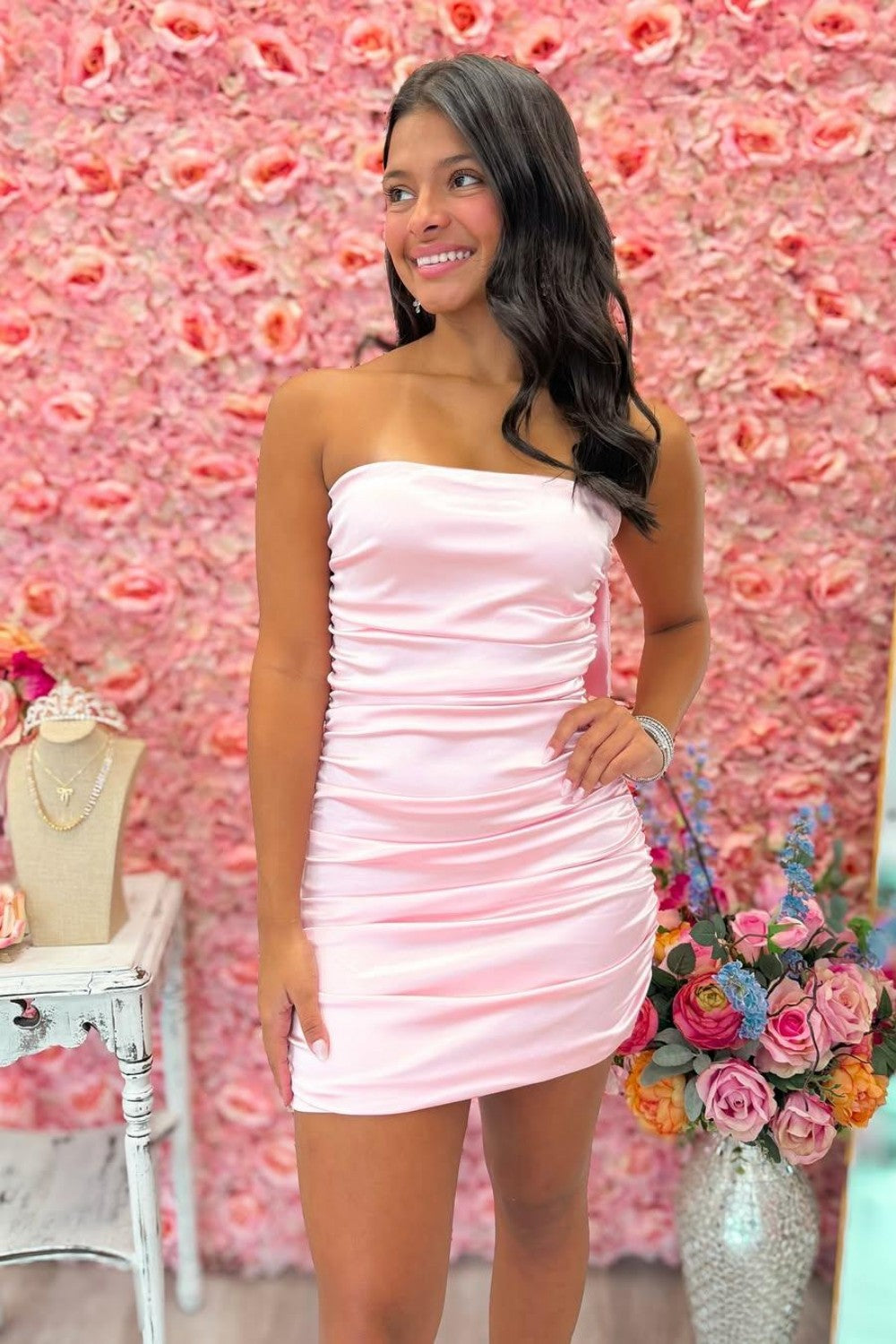 Pink Satin Strapless Mini Homecoming Dress with Bow Back and Ruched Skirt