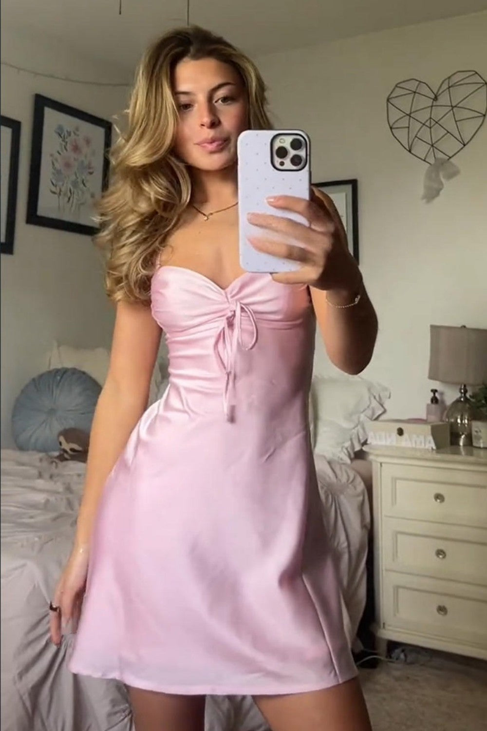 Pink Satin Strapless Short Homecoming Dress with Statement Bow Front Detail