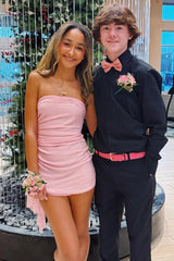 Pink Strapless Sequin Ruched Mini Homecoming Dress with Side Drape Detail