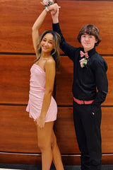 Pink Strapless Sequin Ruched Mini Homecoming Dress with Side Drape Detail