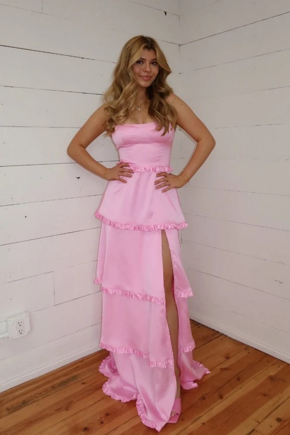 Pink Tiered Ruffle Square Neck Lace Up Prom Dress with High Slit