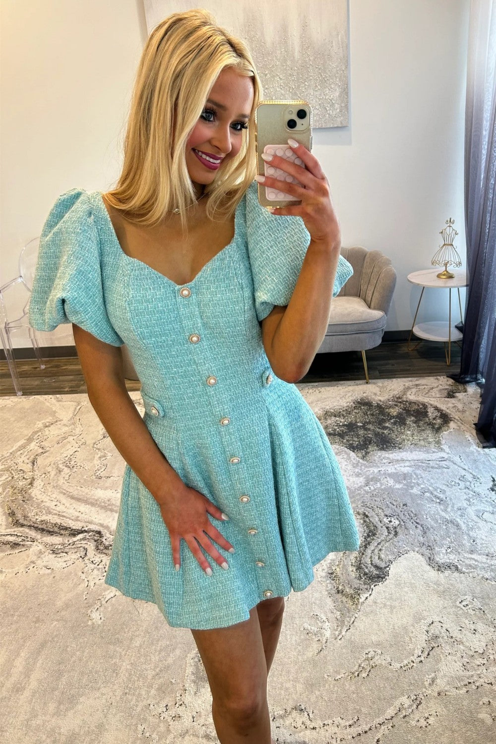 Pink Tweed Puff Sleeve Homecoming Dress with Pearl Buttons and Fit Flare Silhouette