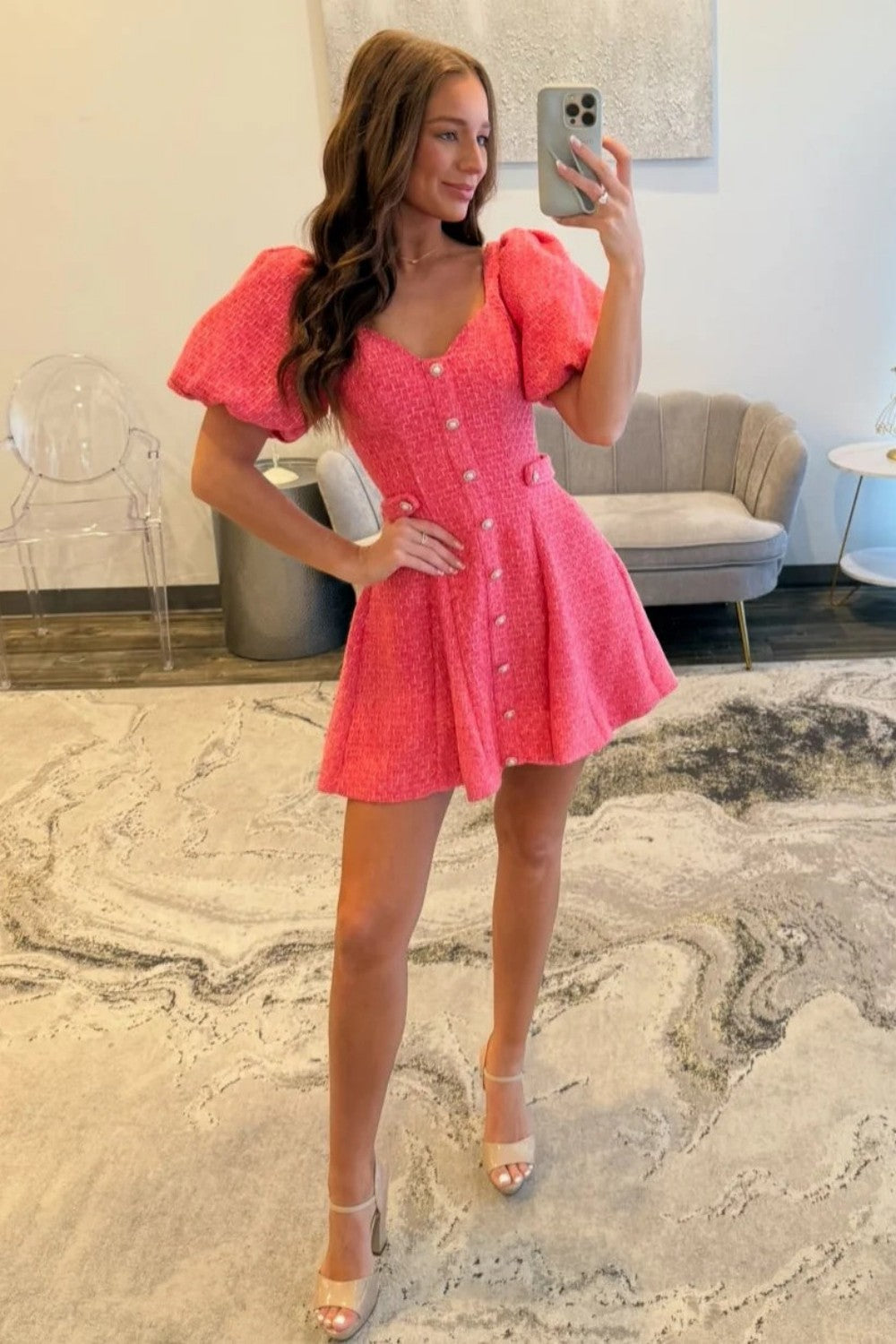 Pink Tweed Puff Sleeve Homecoming Dress with Pearl Buttons and Fit Flare Silhouette