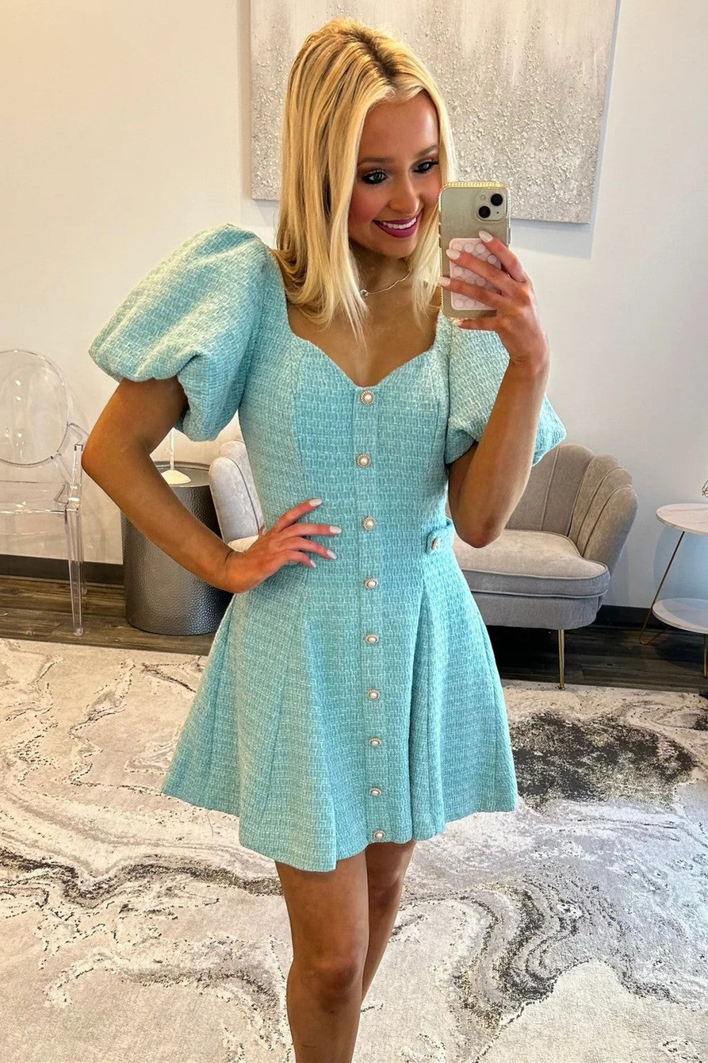 Pink Tweed Puff Sleeve Homecoming Dress with Pearl Buttons and Fit Flare Silhouette