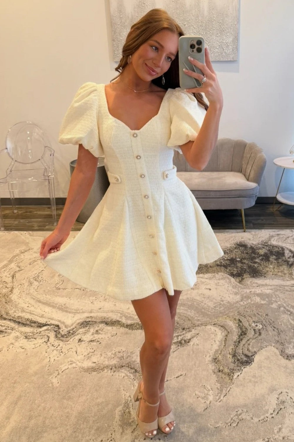 Pink Tweed Puff Sleeve Homecoming Dress with Pearl Buttons and Fit Flare Silhouette