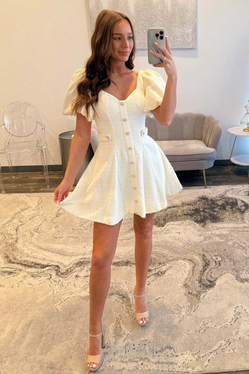 Pink Tweed Puff Sleeve Homecoming Dress with Pearl Buttons and Fit Flare Silhouette