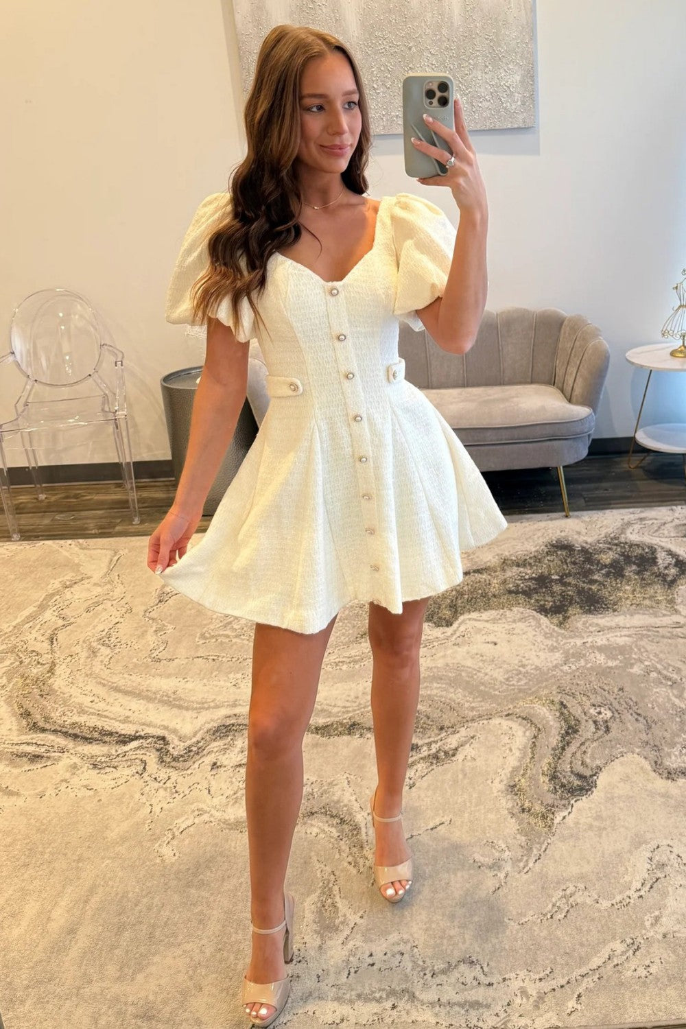 Pink Tweed Puff Sleeve Homecoming Dress with Pearl Buttons and Fit Flare Silhouette
