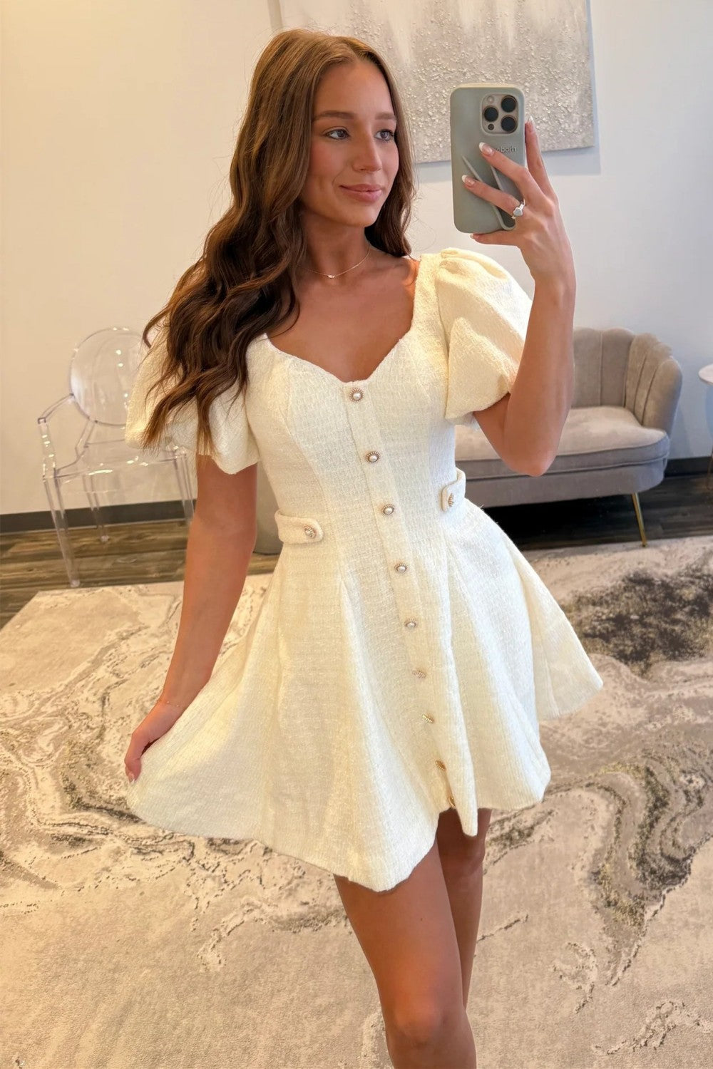 Pink Tweed Puff Sleeve Homecoming Dress with Pearl Buttons and Fit Flare Silhouette