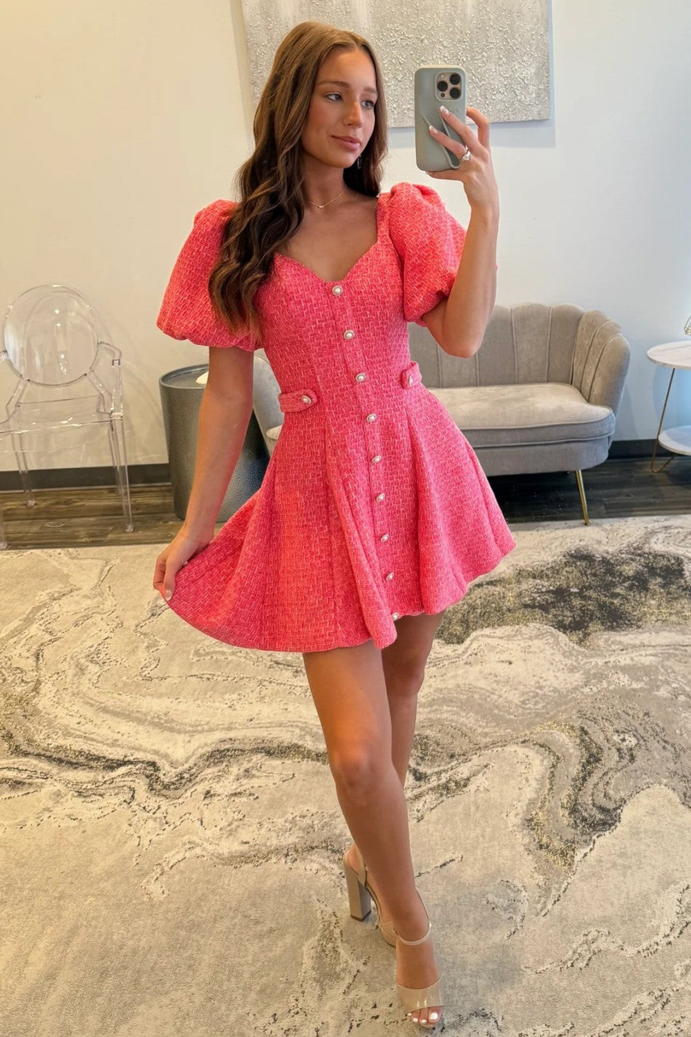 Pink Tweed Puff Sleeve Homecoming Dress with Pearl Buttons and Fit Flare Silhouette