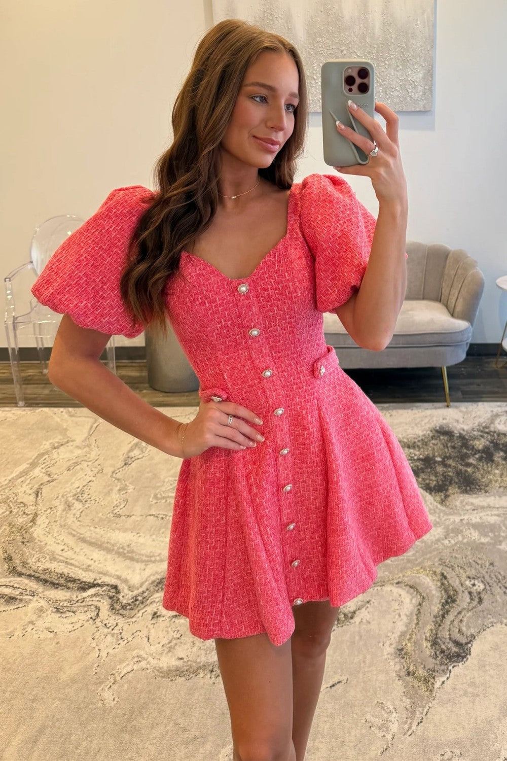 Pink Tweed Puff Sleeve Homecoming Dress with Pearl Buttons and Fit Flare Silhouette