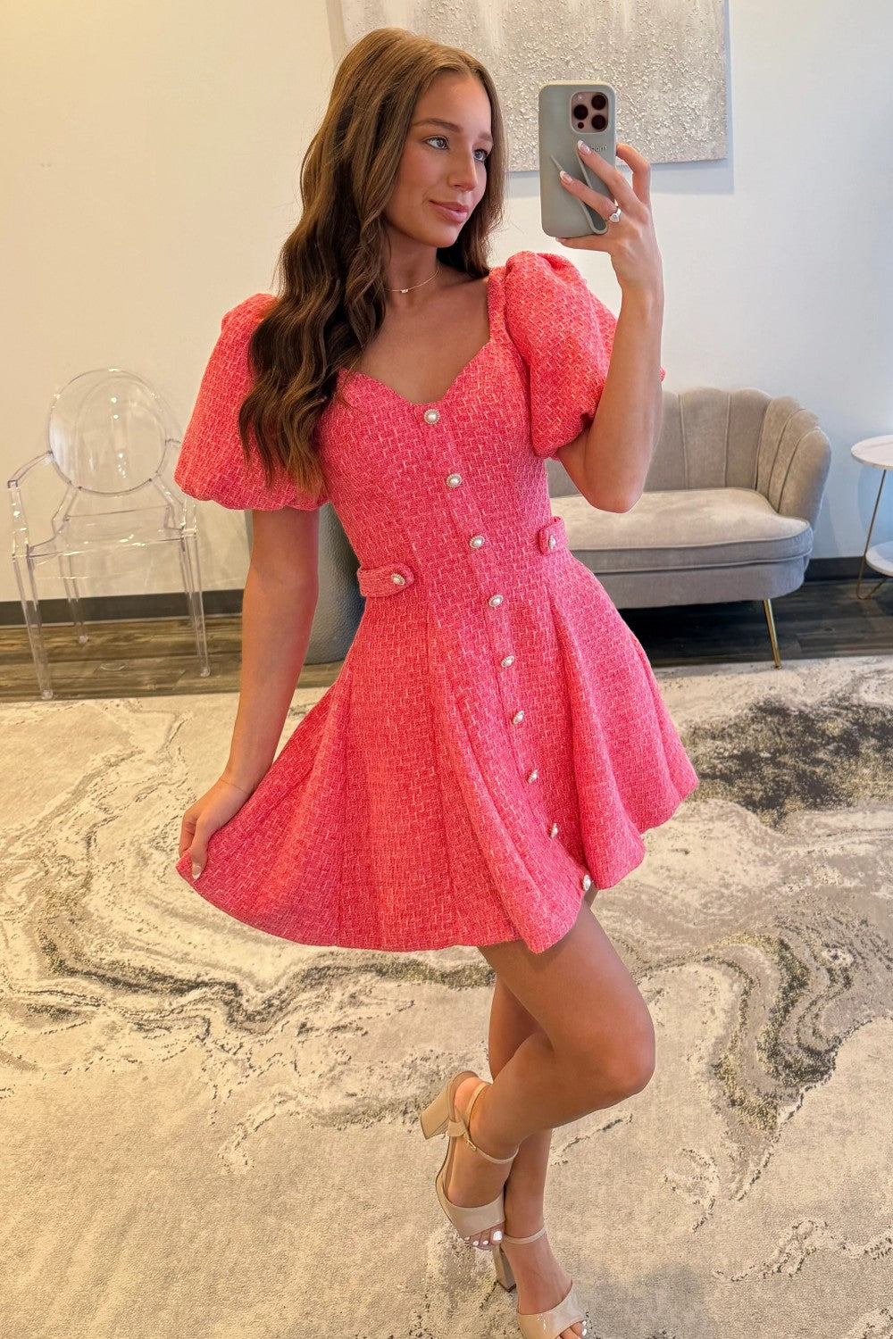 Pink Tweed Puff Sleeve Homecoming Dress with Pearl Buttons and Fit Flare Silhouette