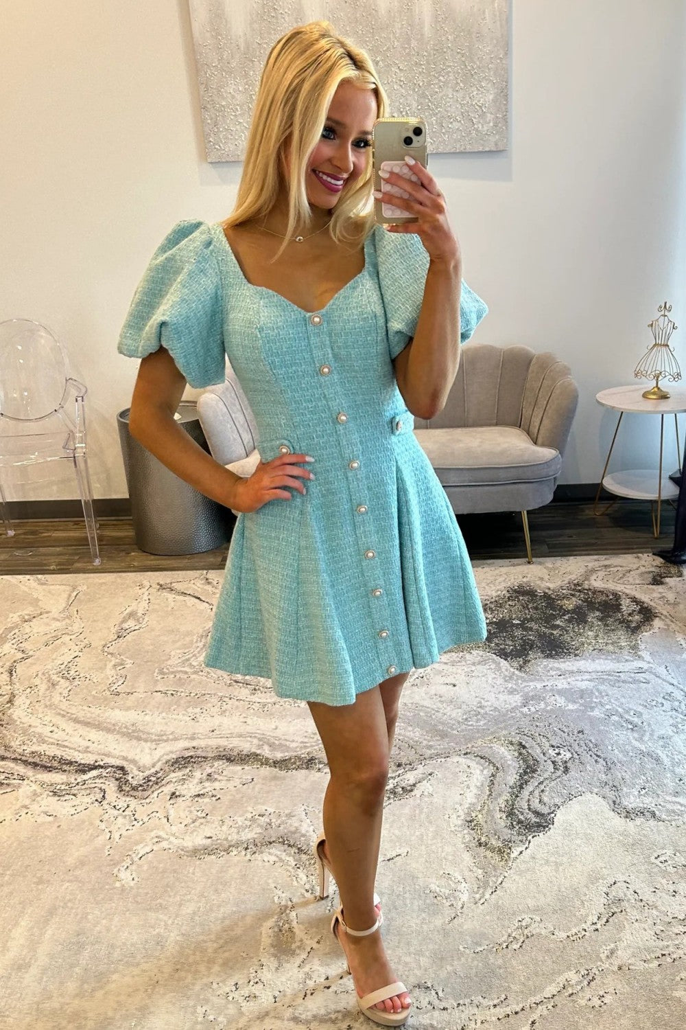 Pink Tweed Puff Sleeve Homecoming Dress with Pearl Buttons and Fit Flare Silhouette