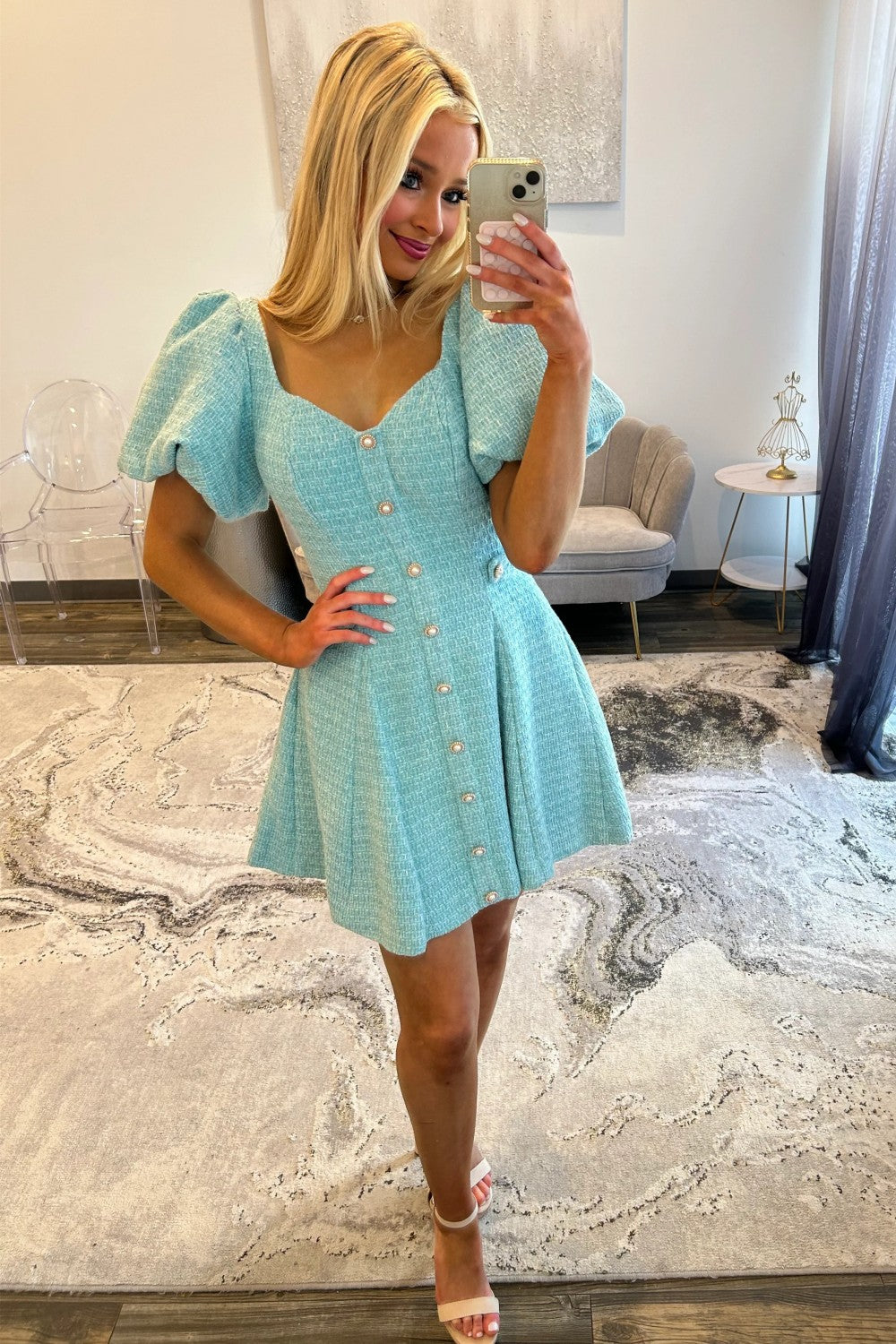 Pink Tweed Puff Sleeve Homecoming Dress with Pearl Buttons and Fit Flare Silhouette