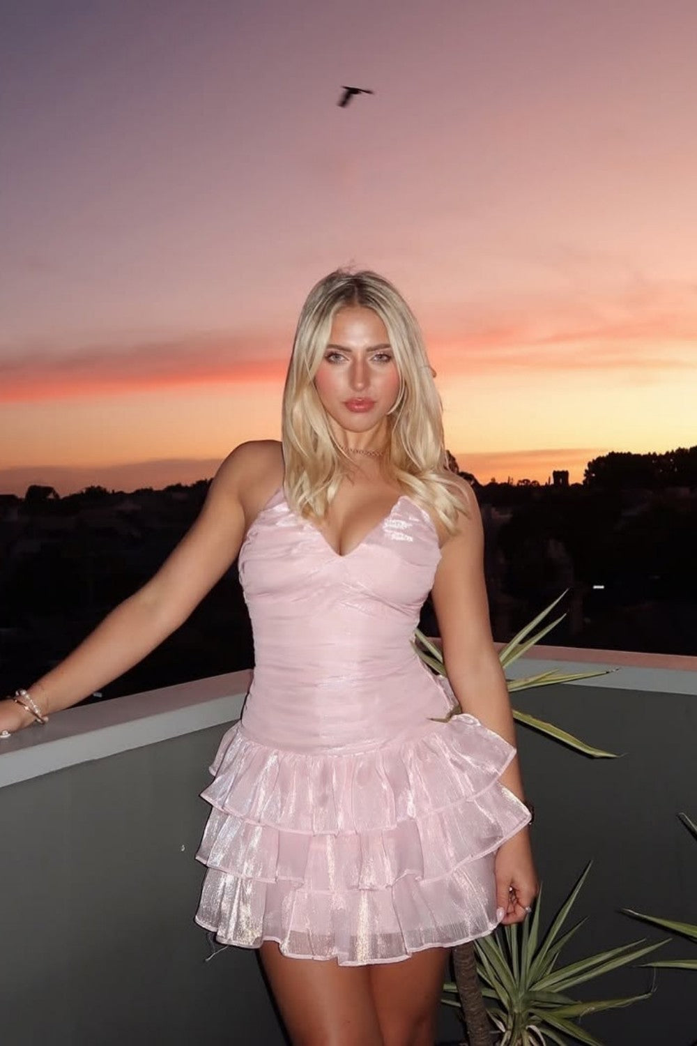 Pink Shimmer Halter Nack Backless Tiered Ruffle Mini Homecoming Dress