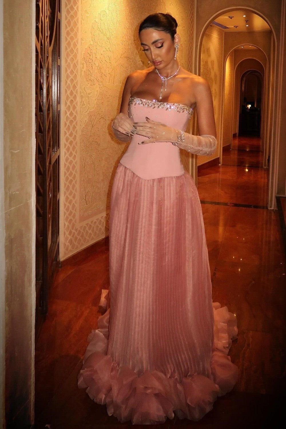Pink Strapless Corset Prom Dress with Beaded Bodice and Tulle Skirt