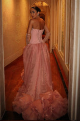 Pink Strapless Corset Prom Dress with Beaded Bodice and Tulle Skirt