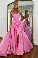 Pink Strapless Satin Prom Dress with Corset Bodice and Bow