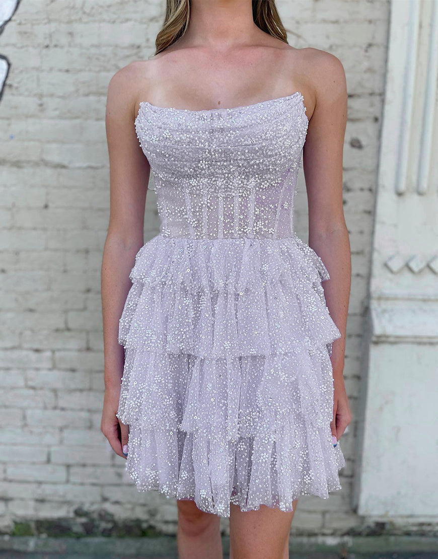 Chic Layered Glitter Black Mini with Strapless Silhouette Homecoming Party Dress