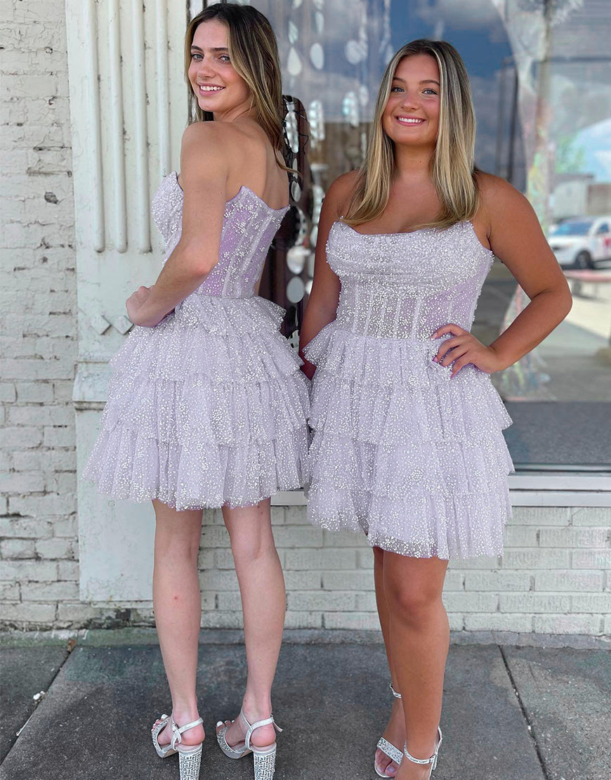 Chic Layered Glitter Black Mini with Strapless Silhouette Homecoming Party Dress