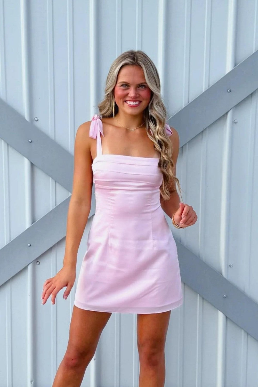 Pretty Light Pink Short Satin Homecoming Dress with Bow Straps