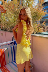 Chic Sheath V Neck Yellow Short Homecoming Dress with Ruffles