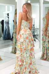 Princess A Line Spaghetti Straps Light Green Corset Prom Dress with Ruffles