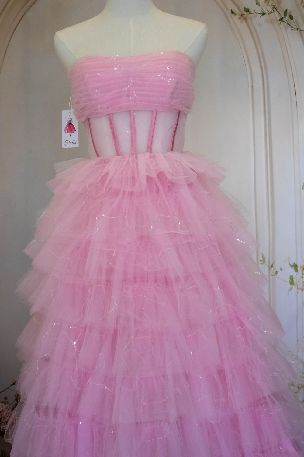 Princess A Line Strapless Pink Tulle Long Prom Dress with Ruffles