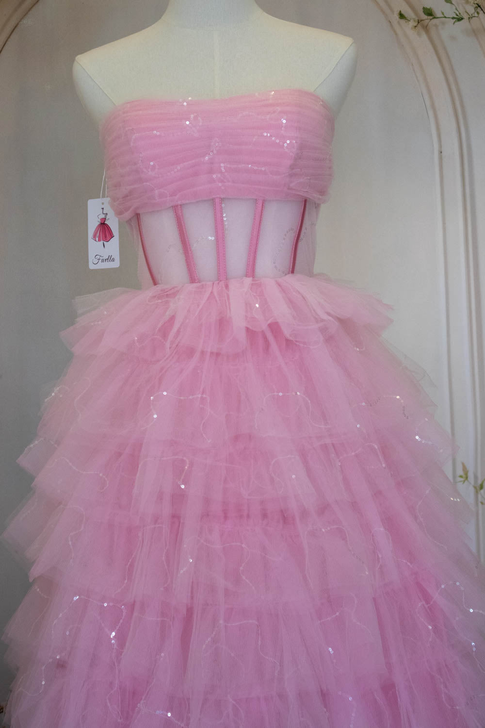 Princess A Line Strapless Pink Tulle Long Prom Dress with Ruffles