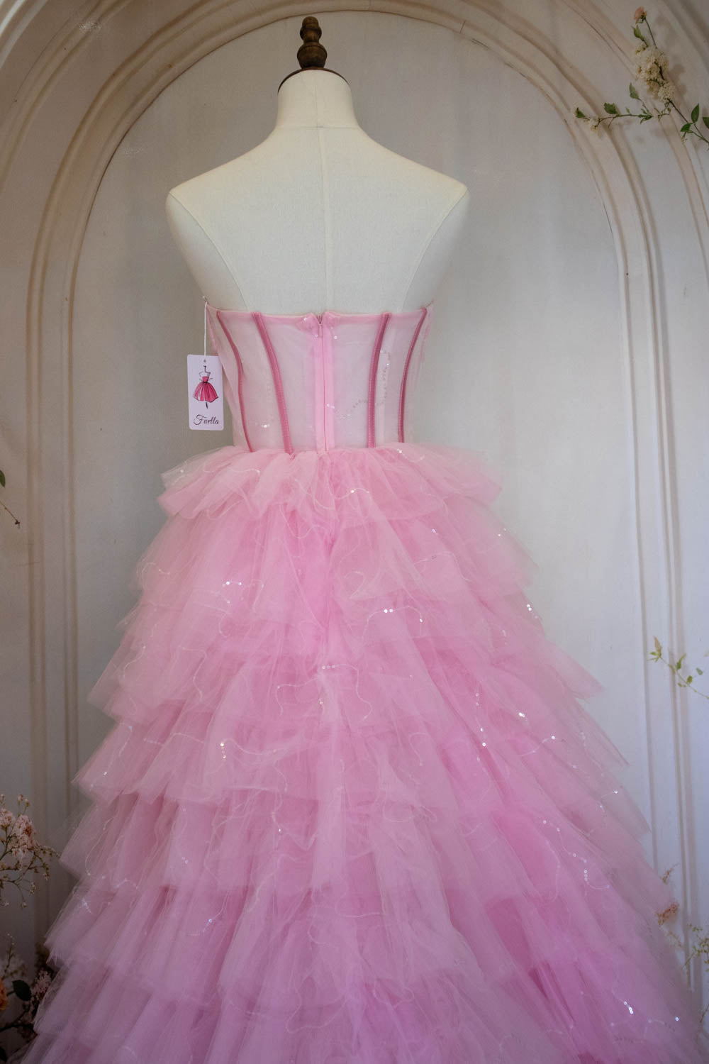 Princess A Line Strapless Pink Tulle Long Prom Dress with Ruffles