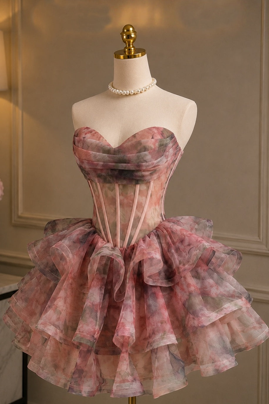 Princess A Line Sweetheart Pink Floral Printed Corset Homecoming Dress with Ruched