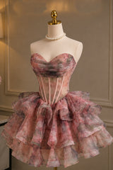 Princess A Line Sweetheart Pink Floral Printed Corset Homecoming Dress with Ruched