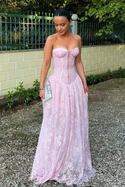 Princess A Line Sweetheart Pink Lace Corset Prom Dress with Criss Cross Back