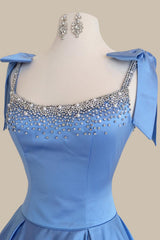 Princess Blue Ball Gown Prom Dress with Rhinestone Bodice and Bow Straps